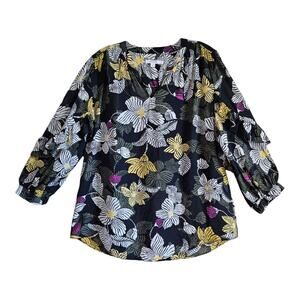 CHICO'S 1 Women 8 Blouse Tropical Floral Black Yellow 3/4 Ruffled Sleeve 40"